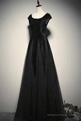 Elegant Black Velvet Cap Sleeves Evening Dress, Black Prom Dress